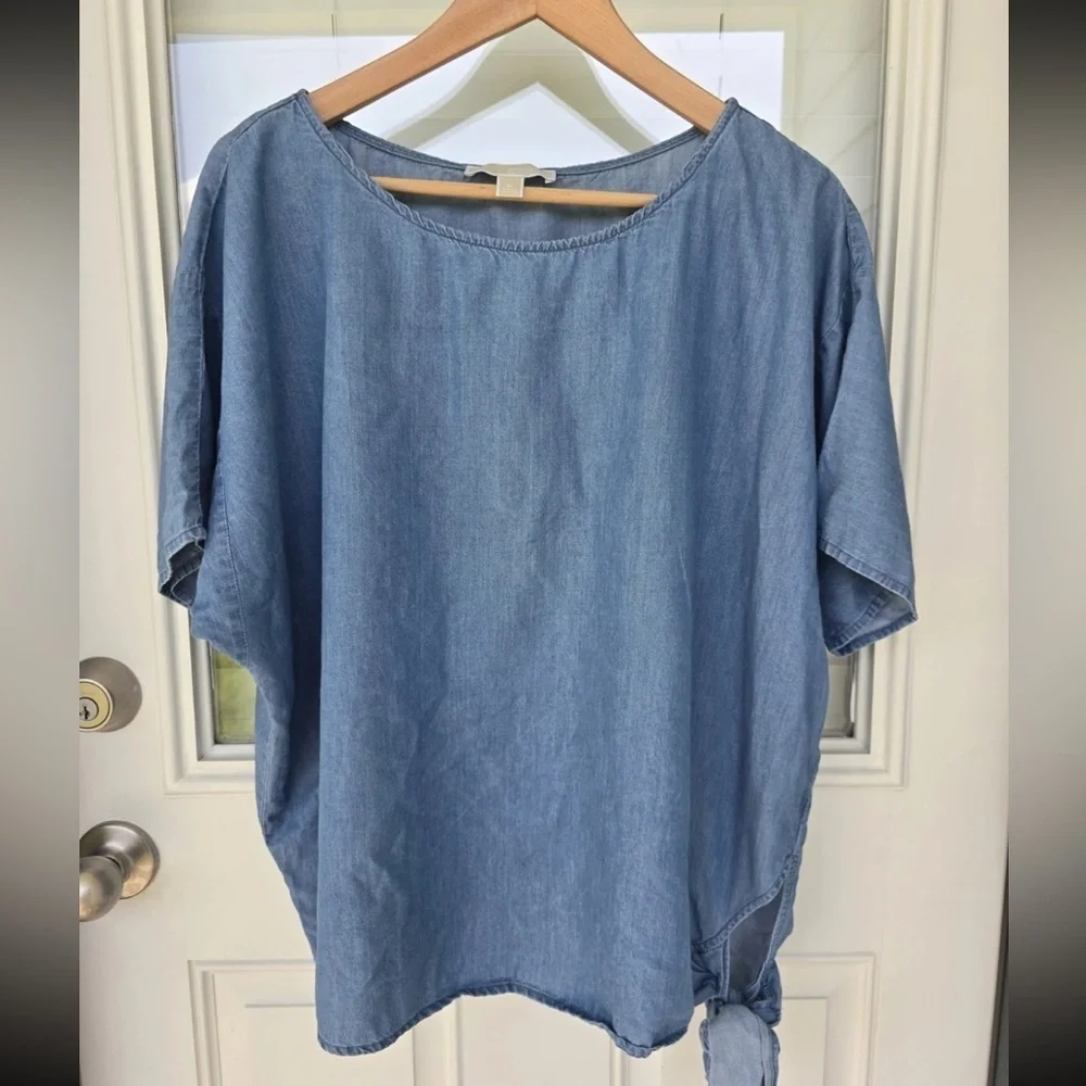 Michael Kors Chambray Side Tie Blouse Sz XL Women Blue Lightweight Classic